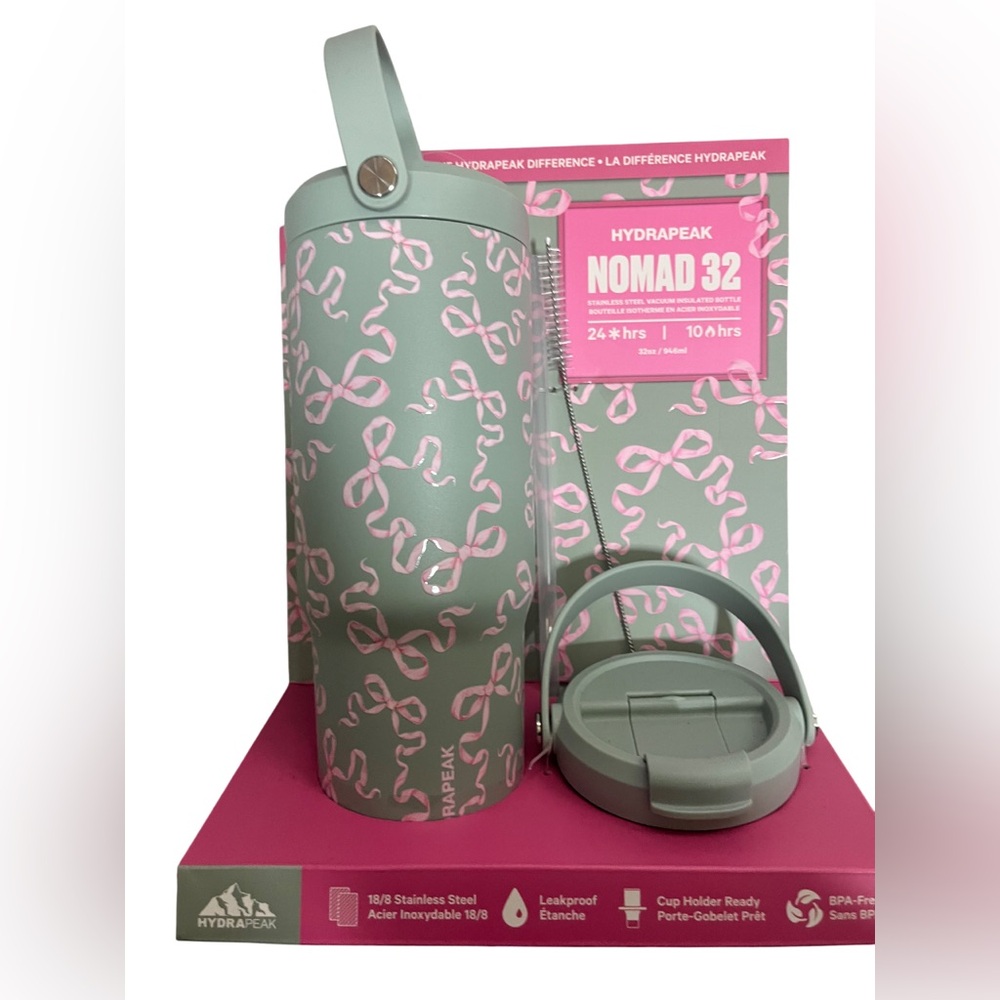 *NEW* Hydrapeak Nomad 32 oz Mint Pink Ribbon Bows Water Bottle